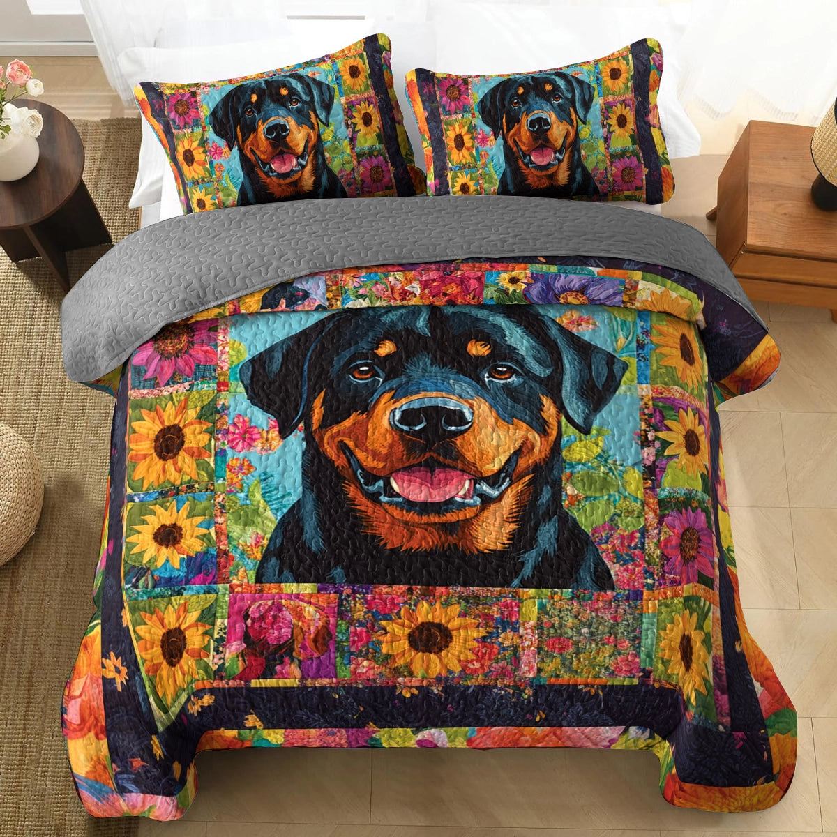Shineful All Season Quilt 3-Piece Set Floral Majesty Rottweiler