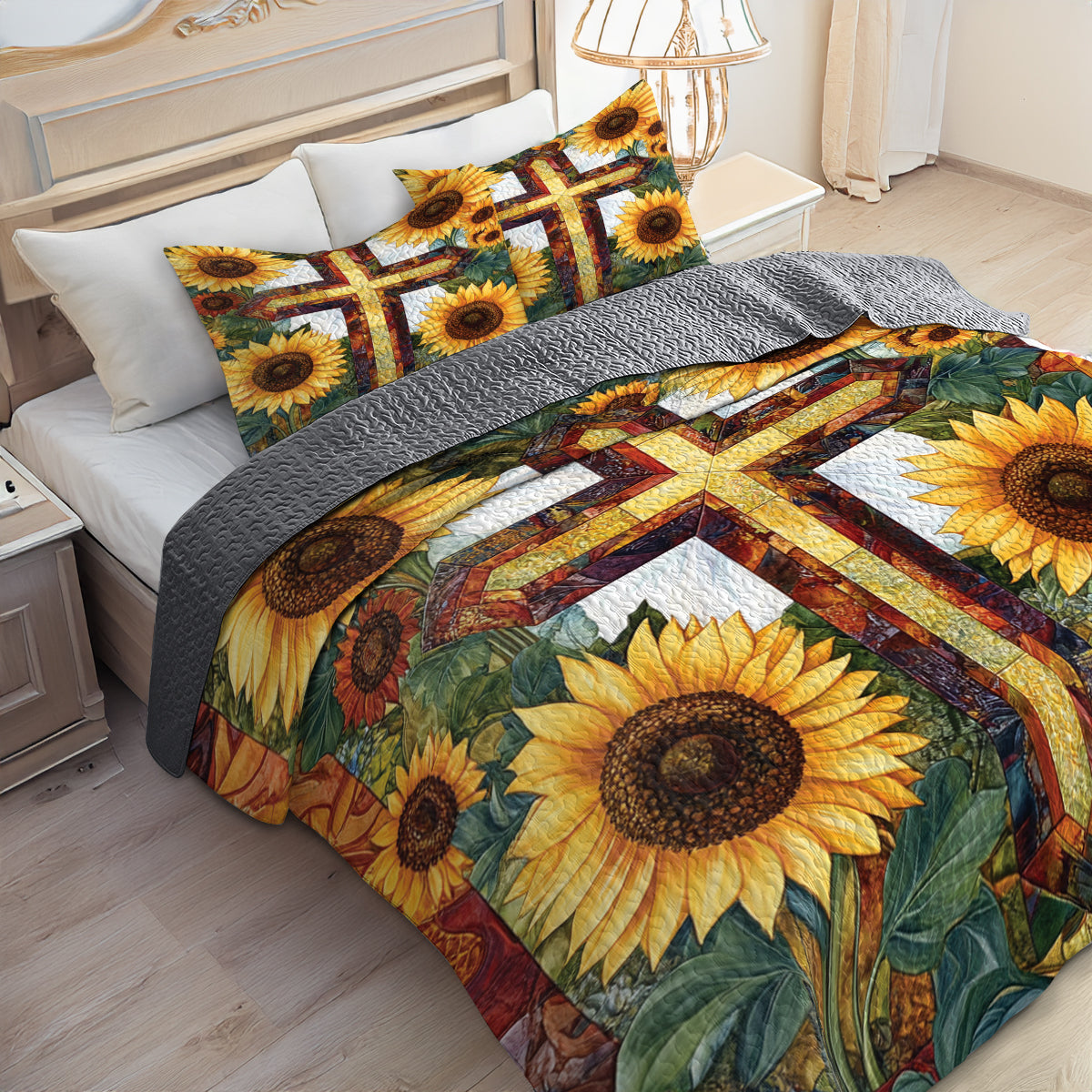 Shineful All Season Quilt 3-Piece Set Sunflower Cross