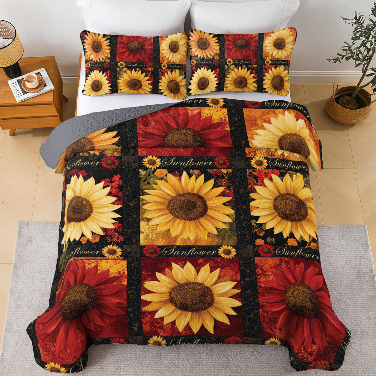 Shineful All Season Quilt 3-Piece Set - Golden Scarlet Sunflower Bloom