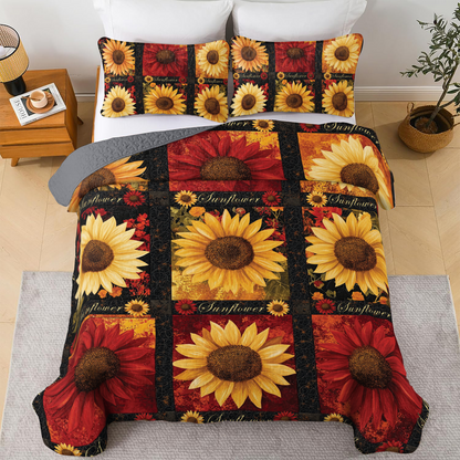 Shineful All Season Quilt 3-Piece Set - Golden Scarlet Sunflower Bloom