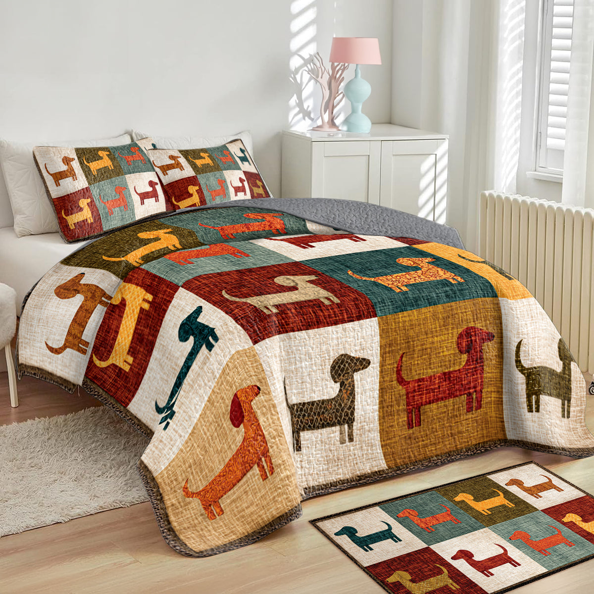 Shineful All Season Quilt 3-Piece Set Colorful Dachshund Patch