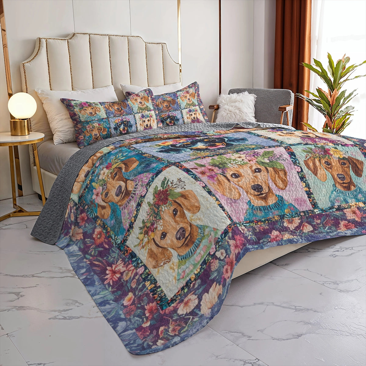 Shineful All Season Quilt 3-Piece Set - Dachshund Blooms