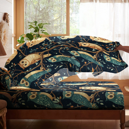 Shineful 4-Piece Bed Sheet Set Whimsical Owl Haven