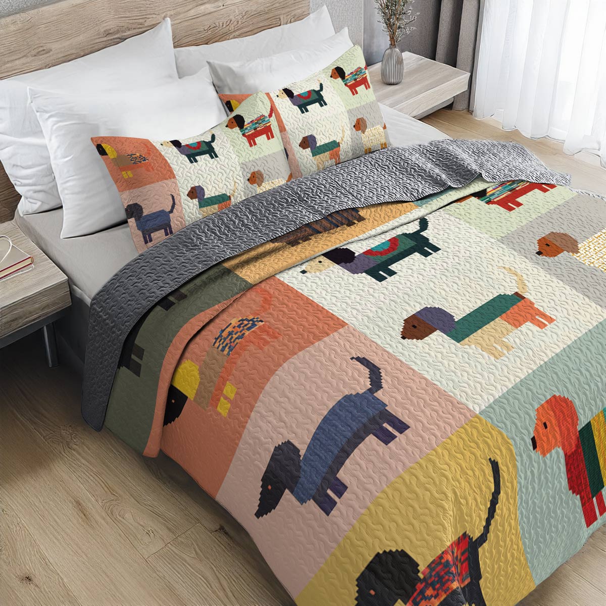 Shineful All Season Quilt 3-Piece Set - Dachshund Patchwork Paradise