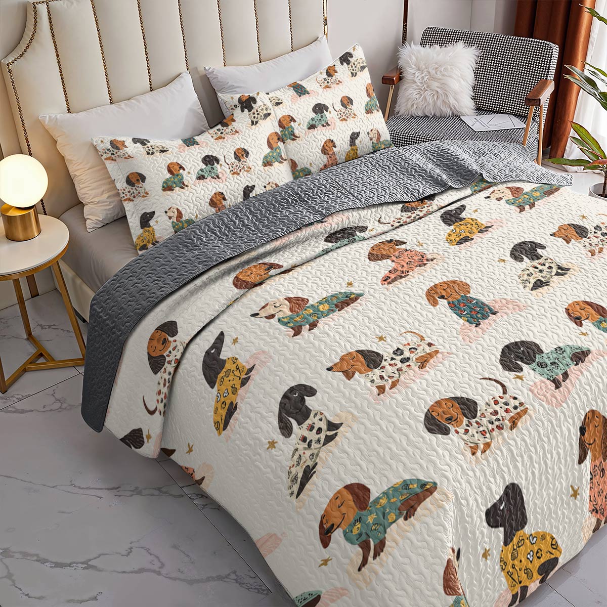 Shineful All Season Quilt 3-Piece Set - Dachshund Cozy Pajama Party