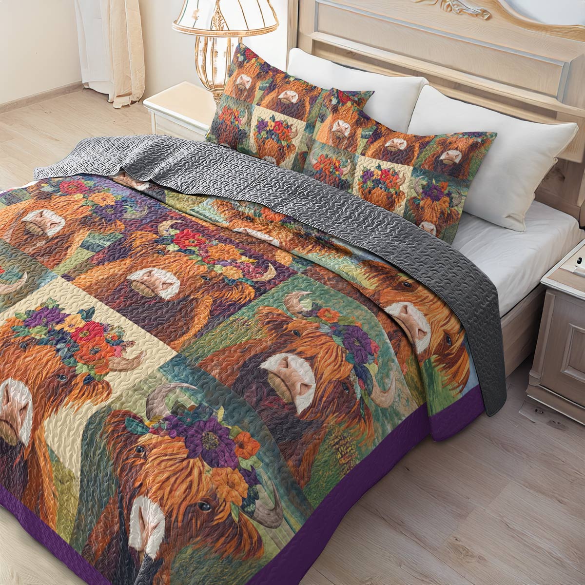 Shineful All Season Quilt 3-Piece Set - Floral Crowned Highland Cow