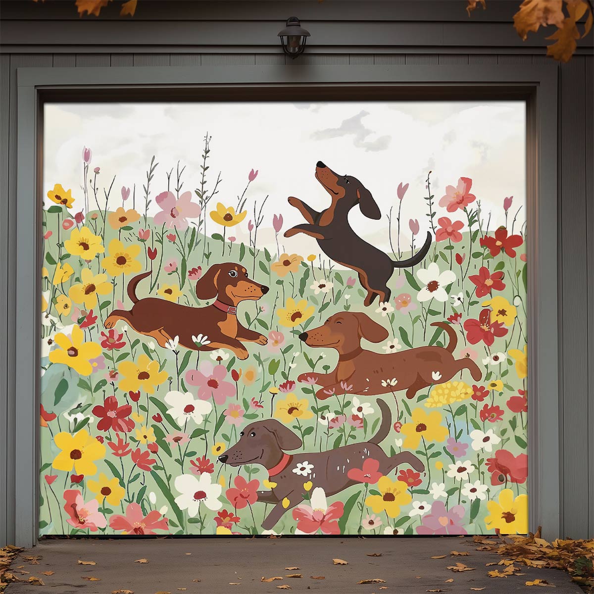 Shineful Garage Door Banner Decoration Dachshund In Flower Garden
