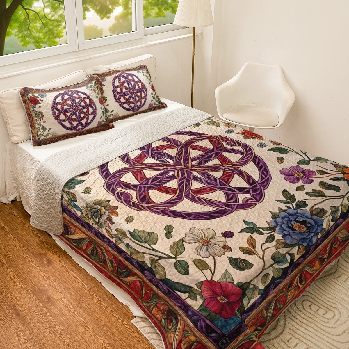 Shineful All Season Quilt 3-Piece Set Floral Celtic Knots