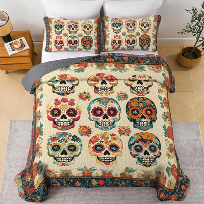 Shineful All Season Quilt 3-Piece Set Vintage Skull Bouquet
