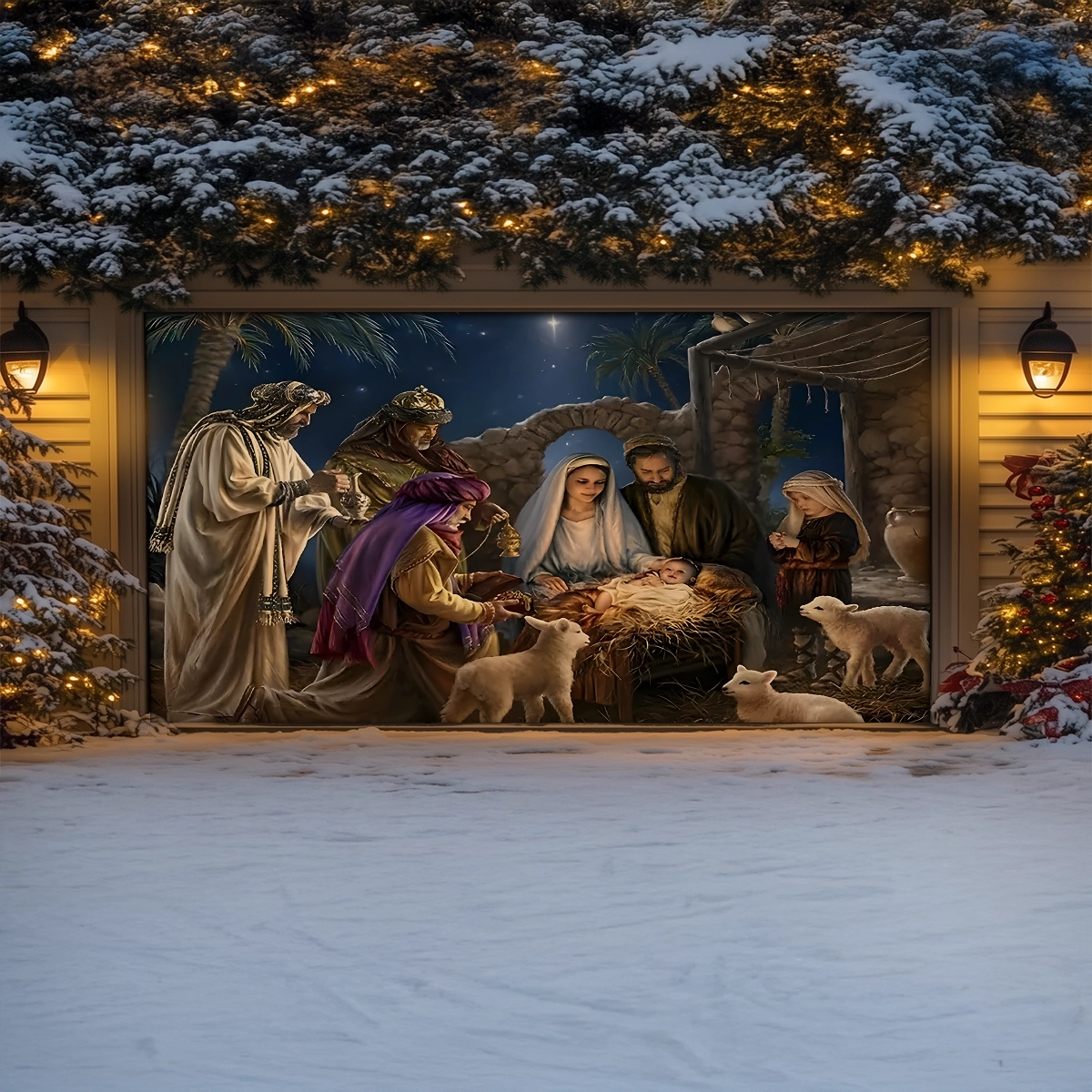 Shineful Garage Door Banner Decoration Glorious Nativity Scene