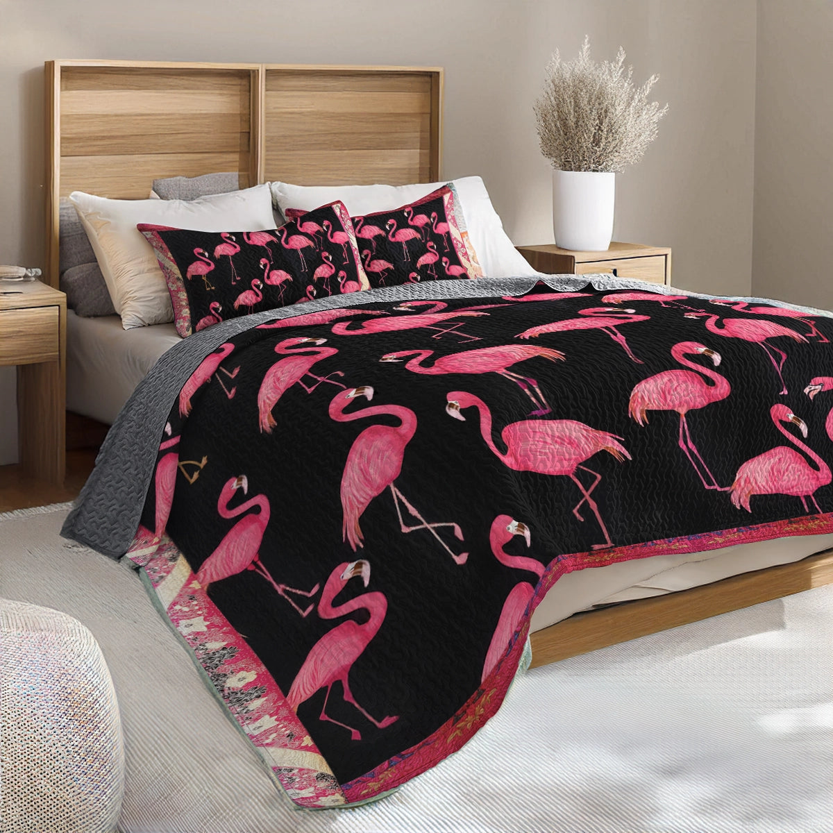 Shineful All Season Quilt 3-Piece Set - Black & Pink Flamingo Chic