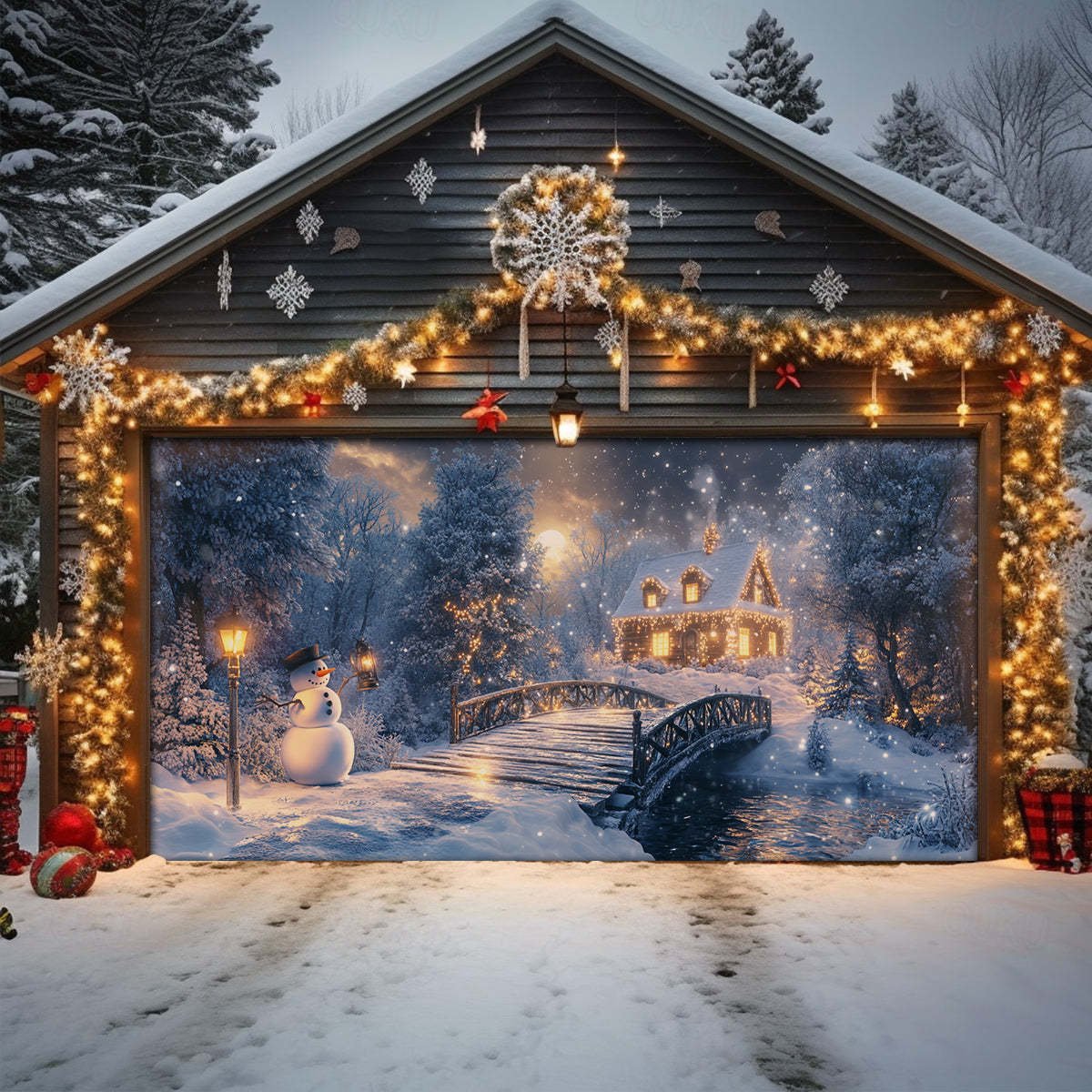 Shineful Garage Door Banner Decoration Christmas Forest Night