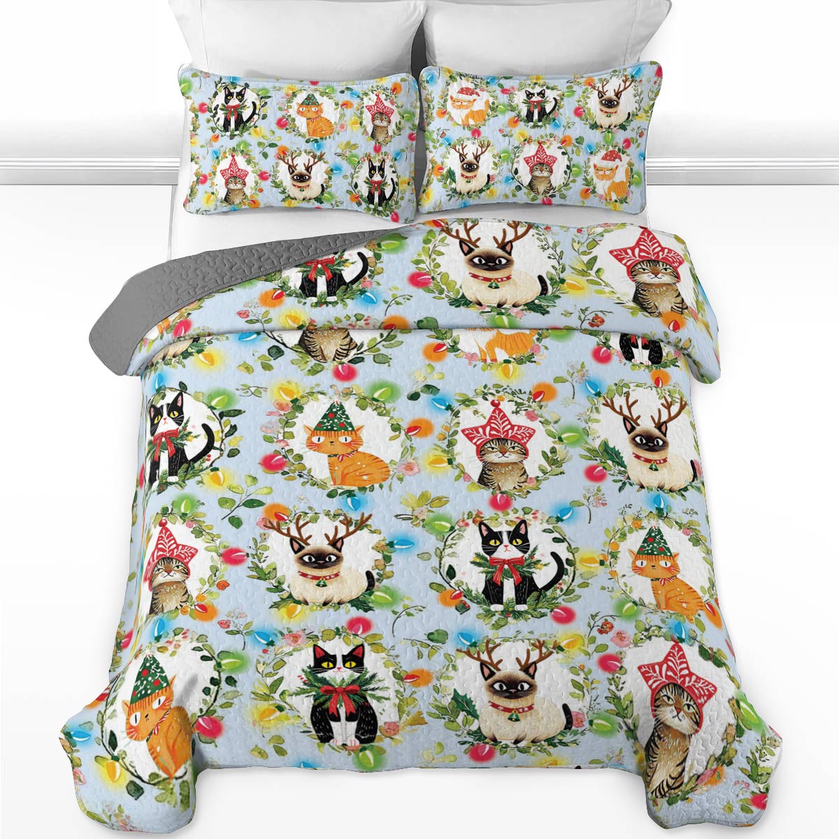 Shineful All Season Quilt 3-Piece Set Cat Christmas Collection