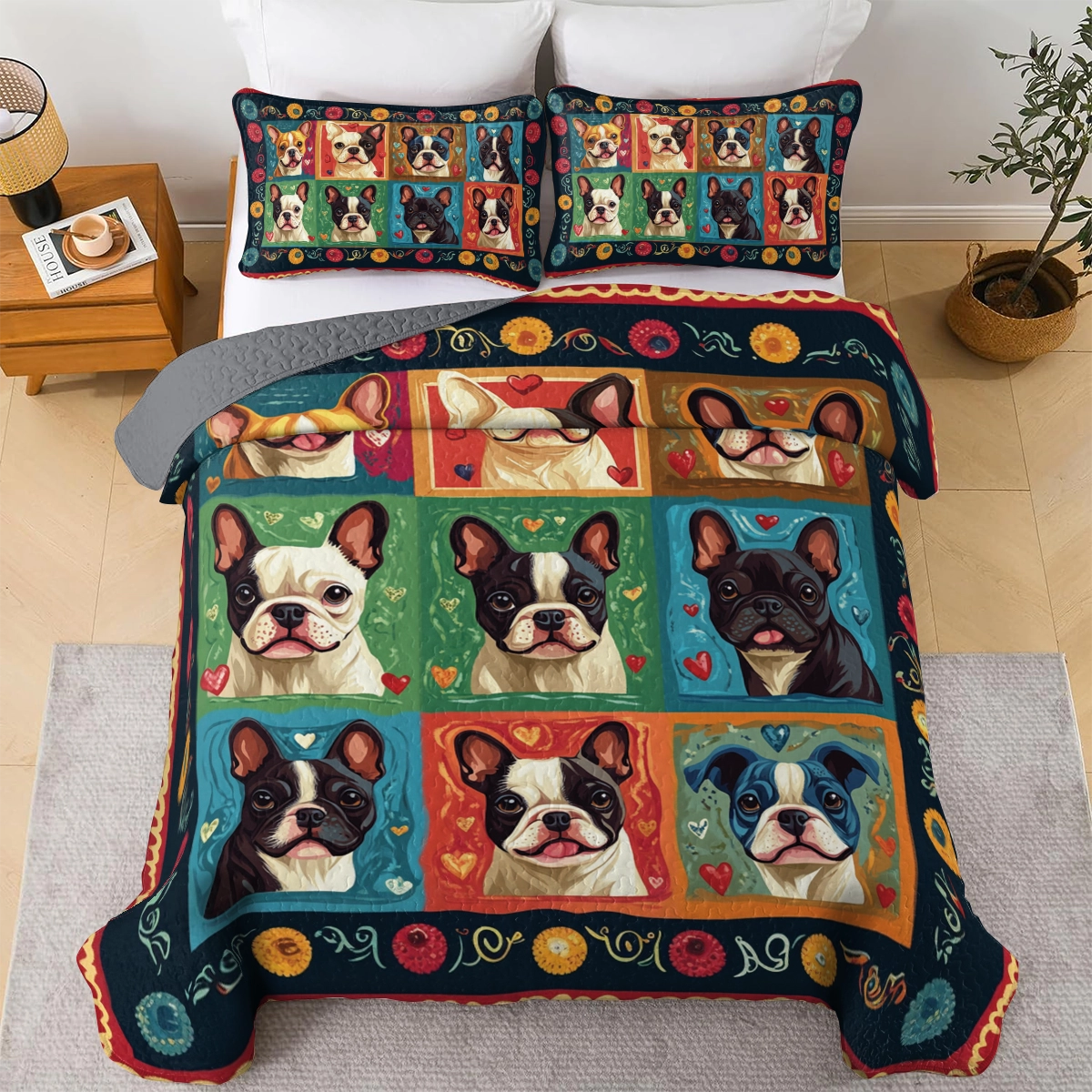 Shineful All Season Quilt 3-Piece Set Vibrant French Bulldog Dreams
