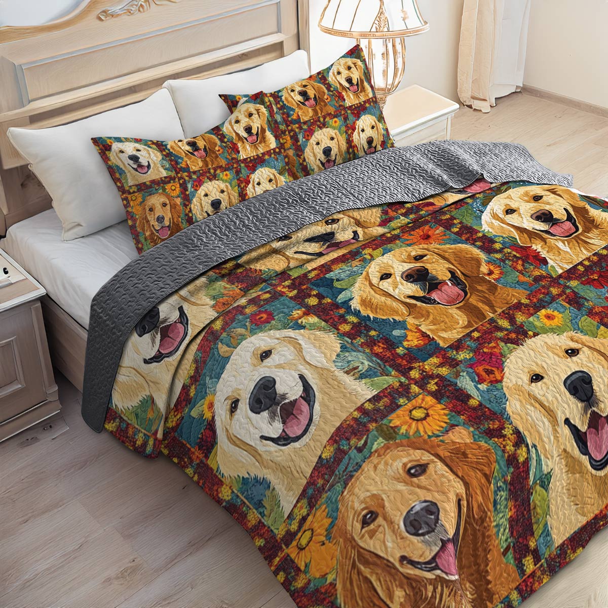 Shineful All Season Quilt 3-Piece Set Cute Golden Retriever
