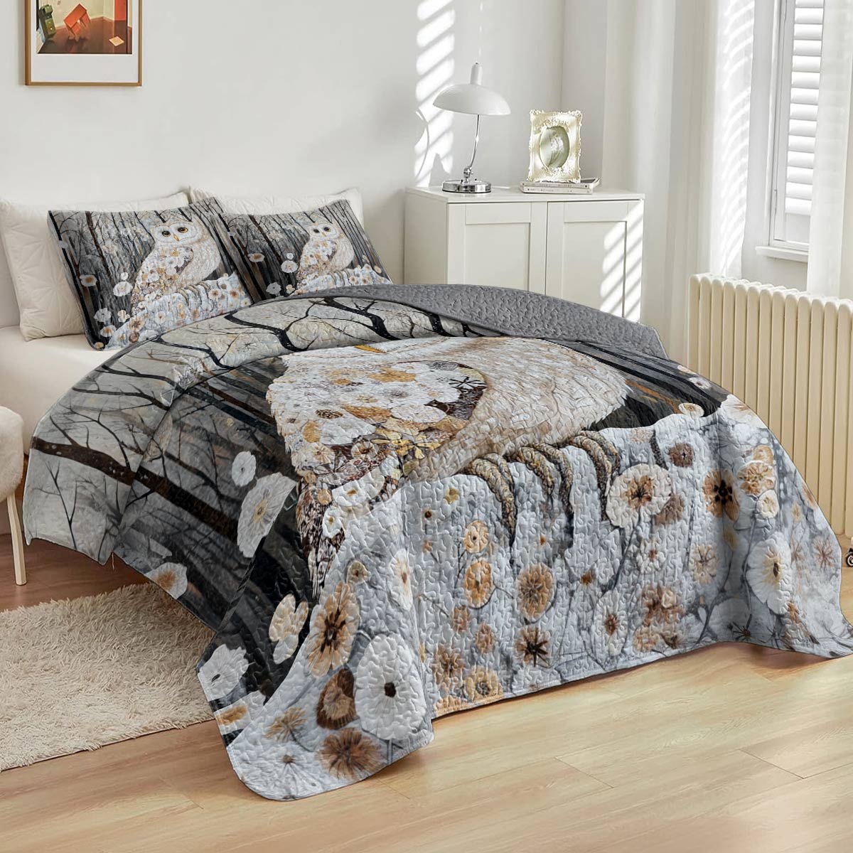 Shineful All Season Quilt 3-Piece Set Gentle Owl Winter Forest