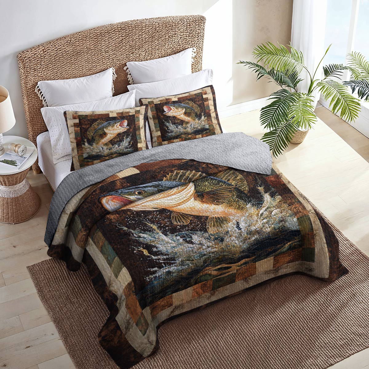 Shineful All Season Quilt 3-Piece Set Retro Largemouth Bass