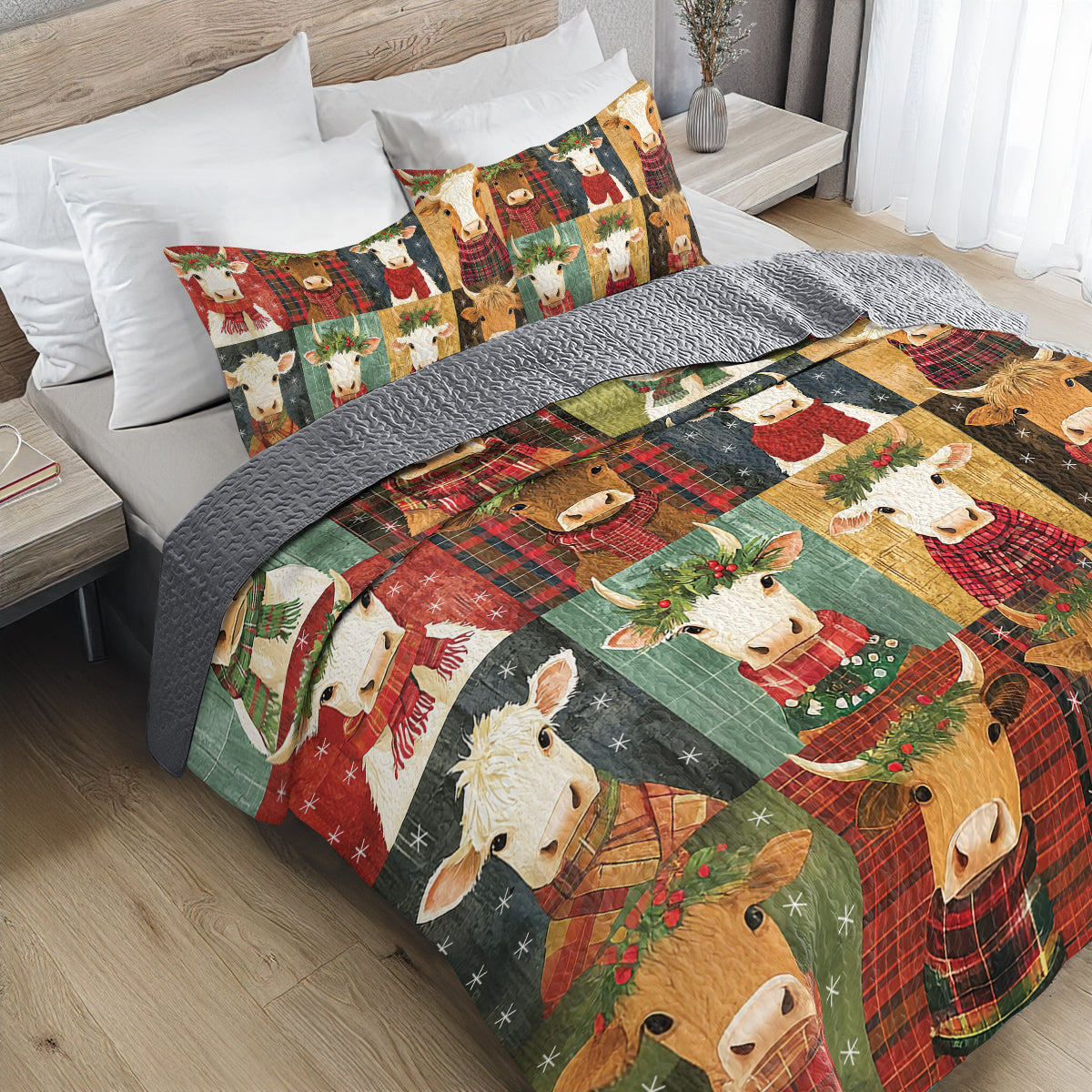 Shineful All Season Quilt 3-Piece Set Joyful Winter Cows