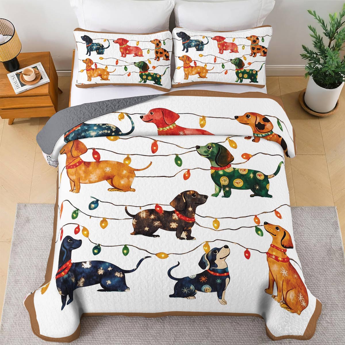 Shineful All Season Quilt 3-Piece Set - Dachshund Christmas Lights