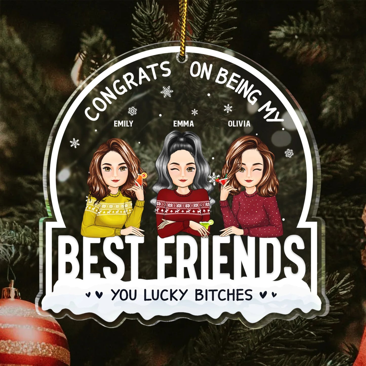 Shineful Christmas Congrats On Being My Besties Cartoon Drinking Personalized Ornament