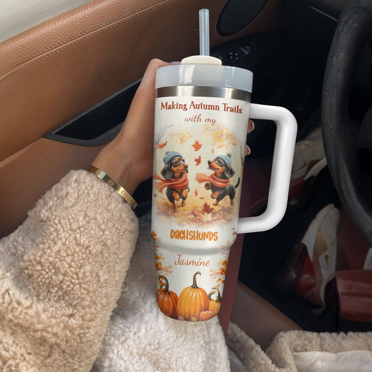 Shineful Tumbler Personalized Dachshund Makes Autumn Trails