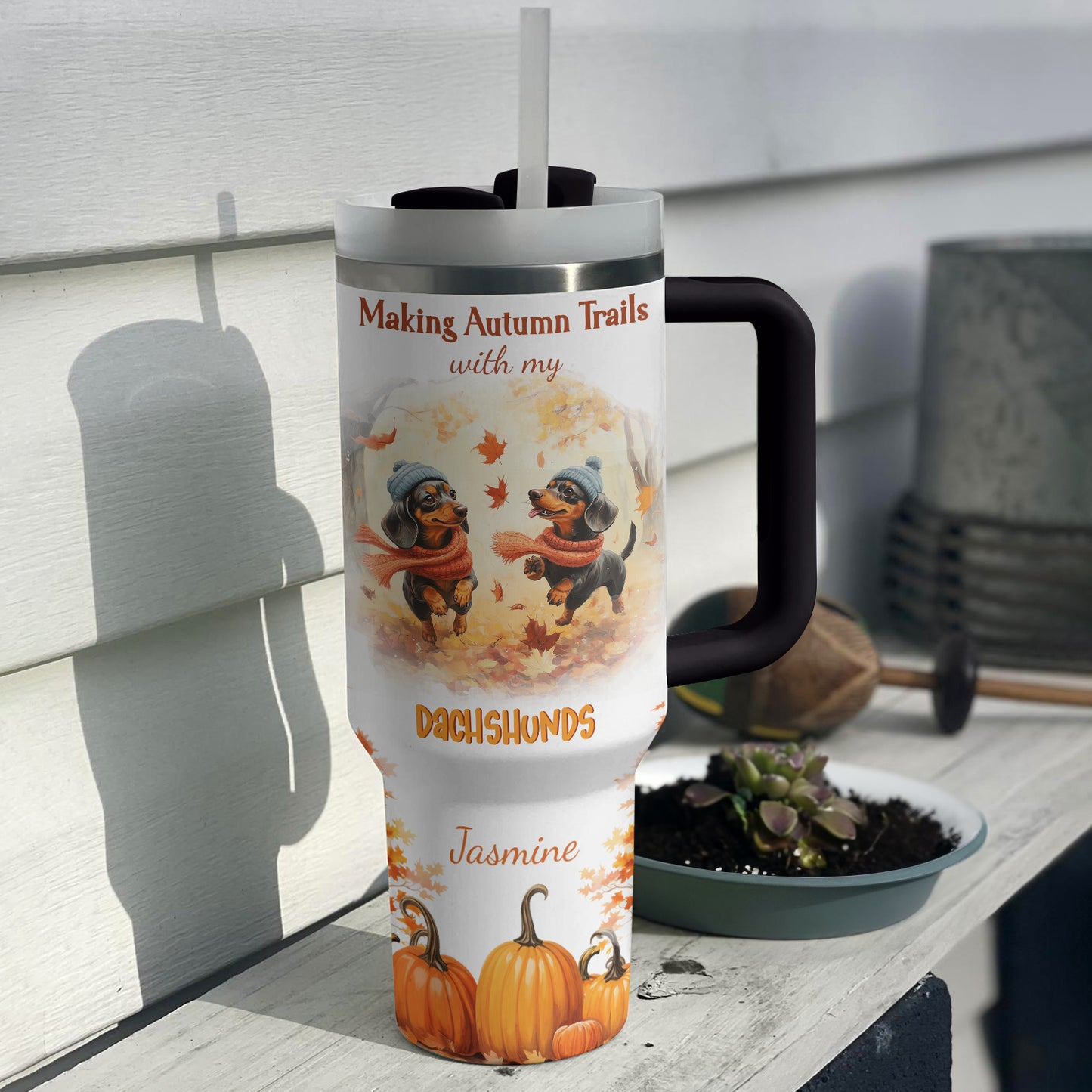 Shineful Tumbler Personalized Dachshund Makes Autumn Trails
