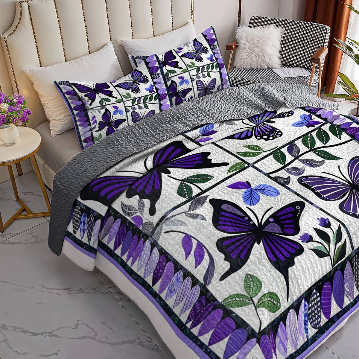 Shineful All Season Quilt 3-Piece Set Charming Purple Butterfly Flowers