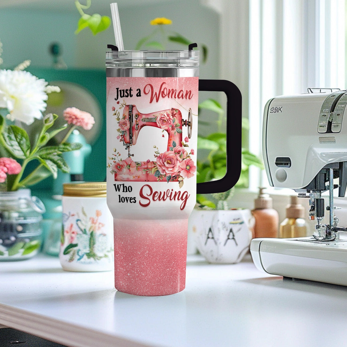 Shineful Glossy Tumbler Pink Glitter Sewing Machine