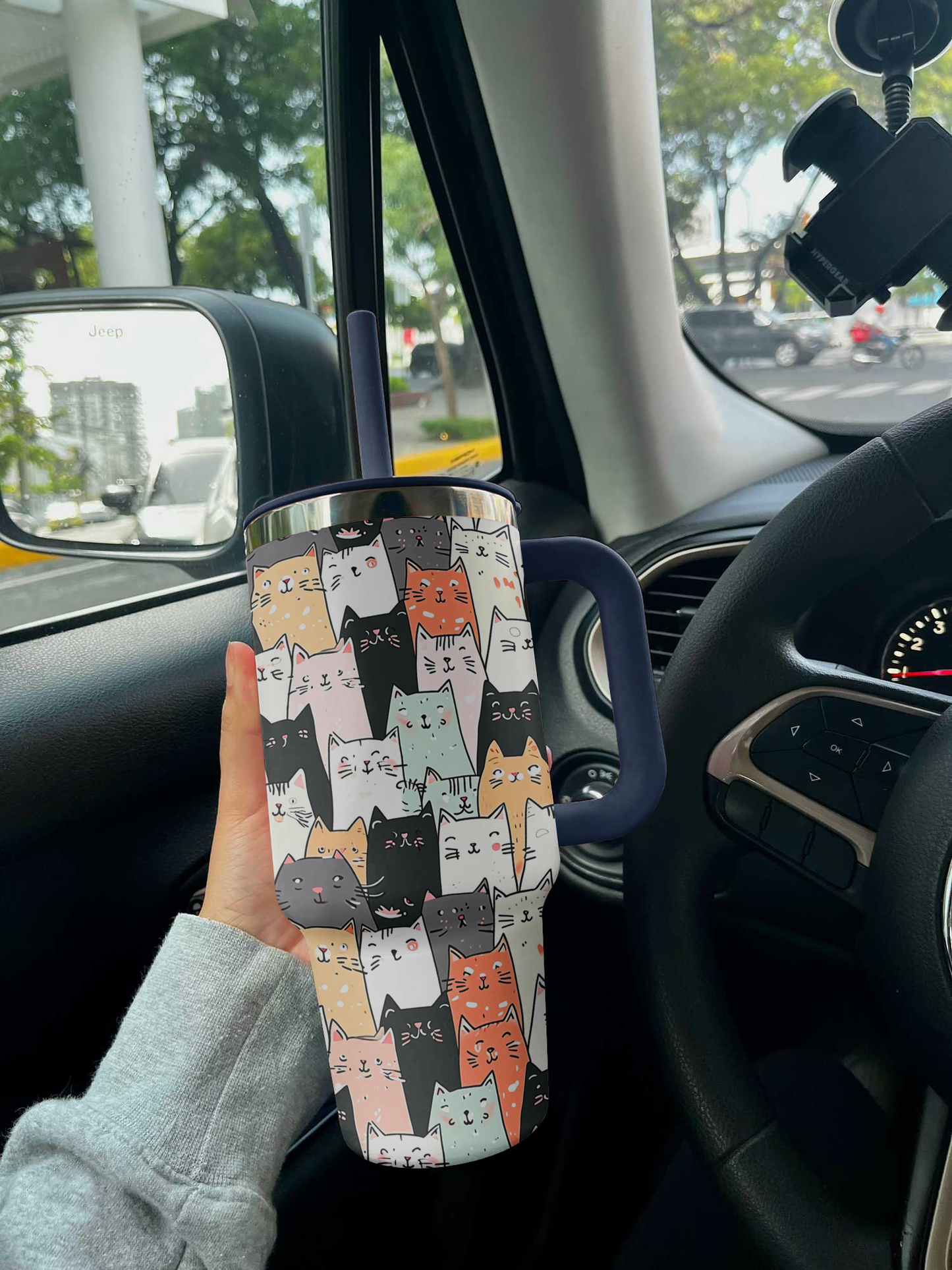 Cat 40 Oz Shineful™ Tumbler Seamless Cartoon Vq03 Navy 40Oz