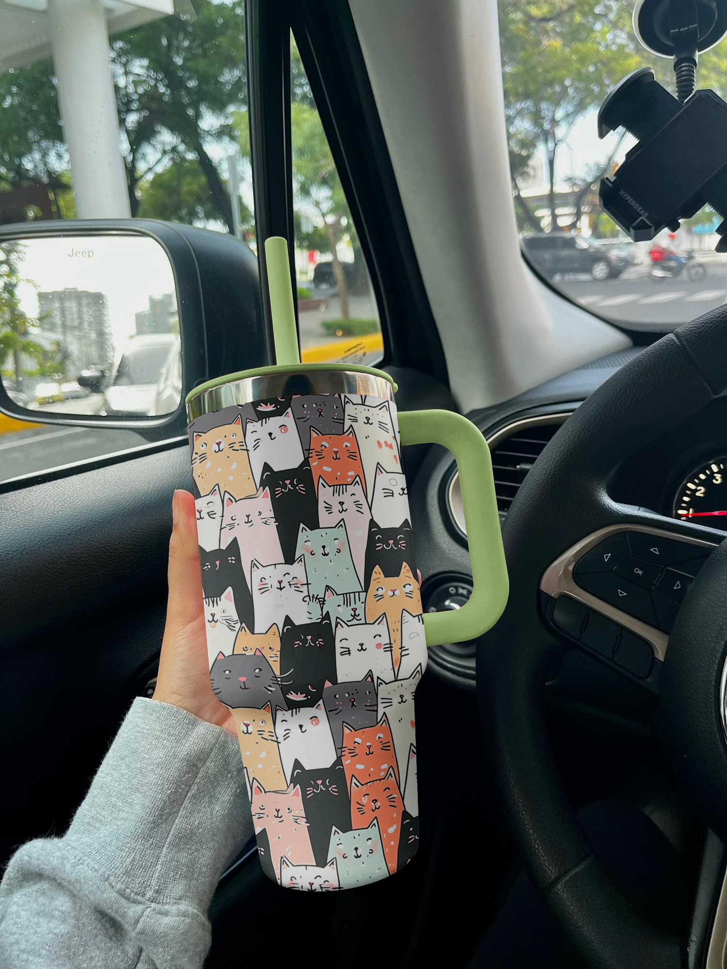 Cat 40 Oz Shineful™ Tumbler Seamless Cartoon Vq03 Green 40Oz