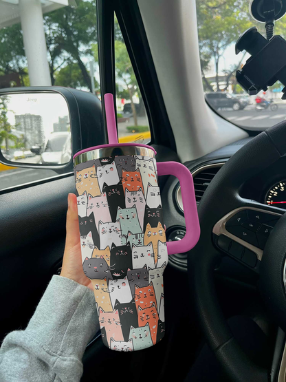 Cat 40 Oz Shineful™ Tumbler Seamless Cartoon Vq03 Hot Pink 40Oz