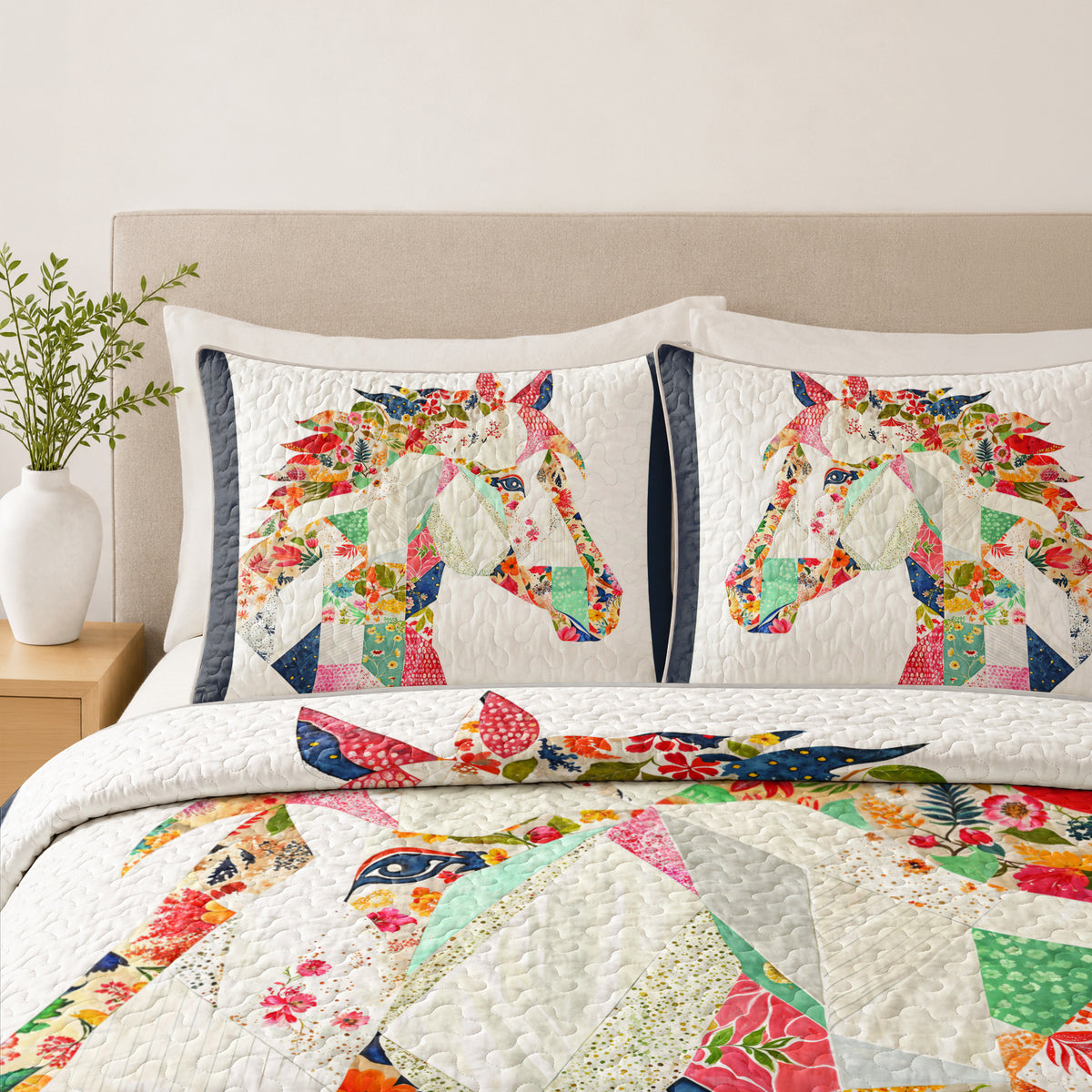 Shineful Quilt 3-Piece Set Charming Floral Horse