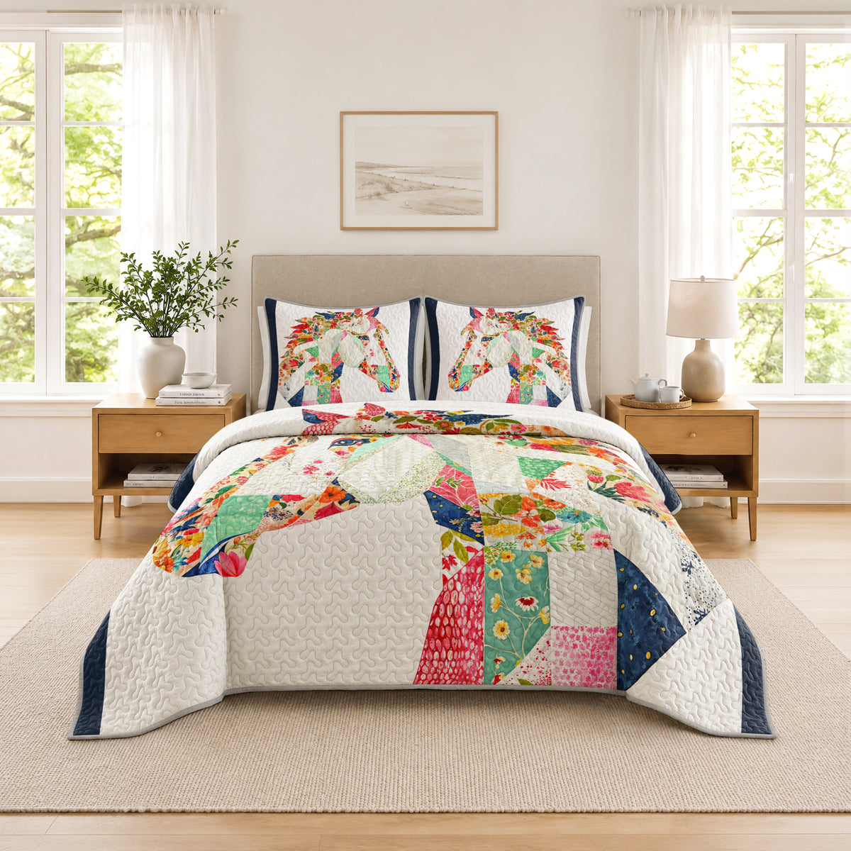Shineful Quilt 3-Piece Set Charming Floral Horse