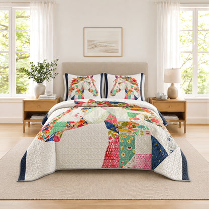 Shineful Quilt 3-Piece Set Charming Floral Horse