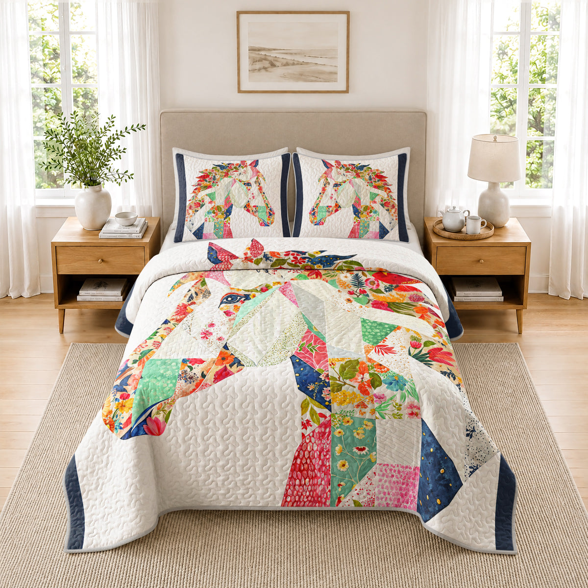 Shineful Quilt 3-Piece Set Charming Floral Horse