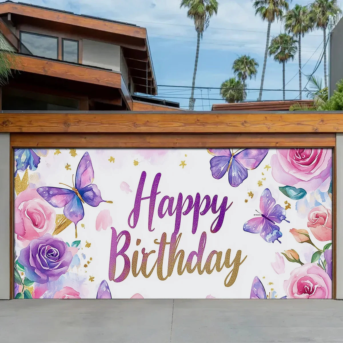 Shineful Garage Door Banner Decoration - Whimsical Floral Wishes with Butterflies and Glitter