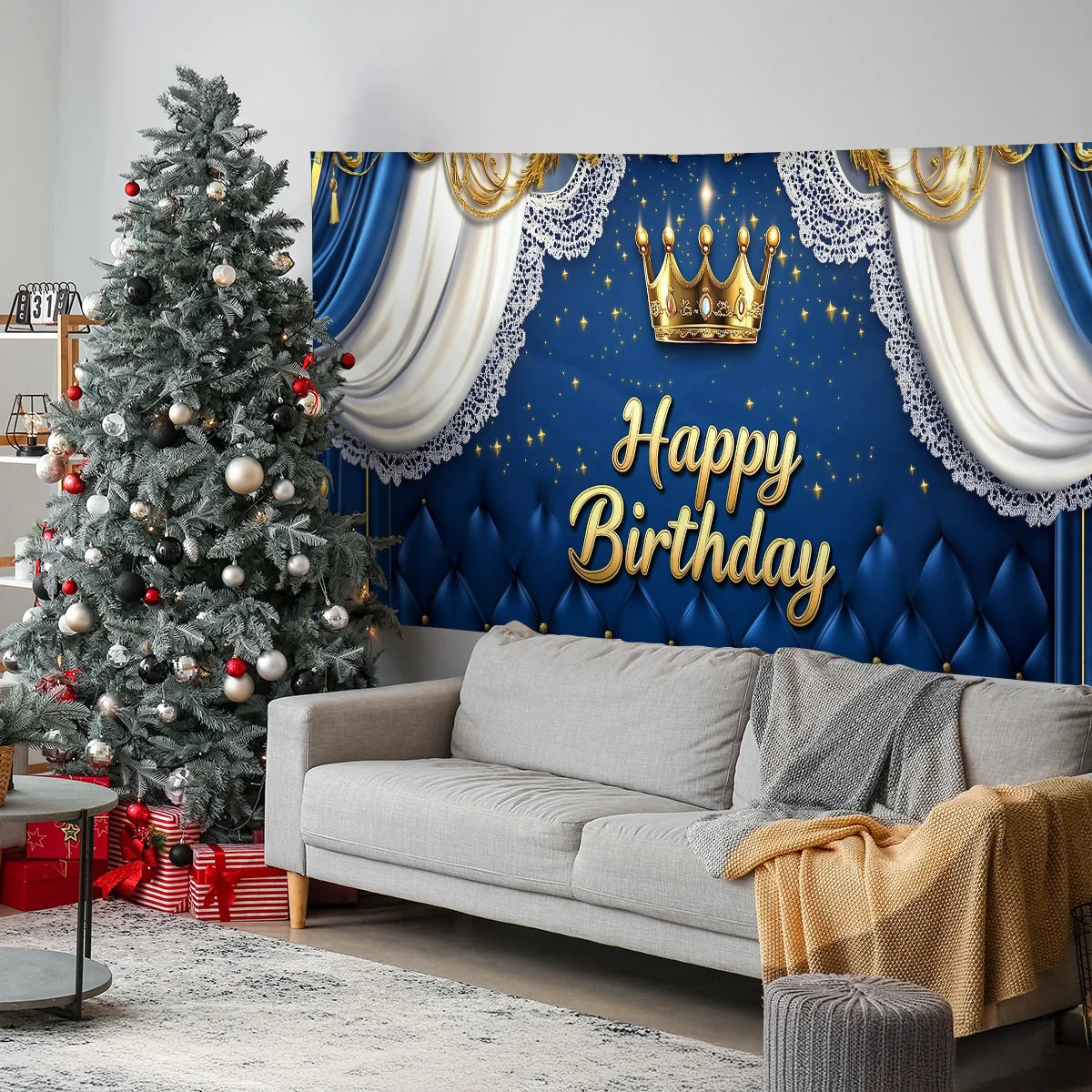 Shineful Garage Door Banner Decoration - Regal Elegance with Golden Crown and Blue Drapes