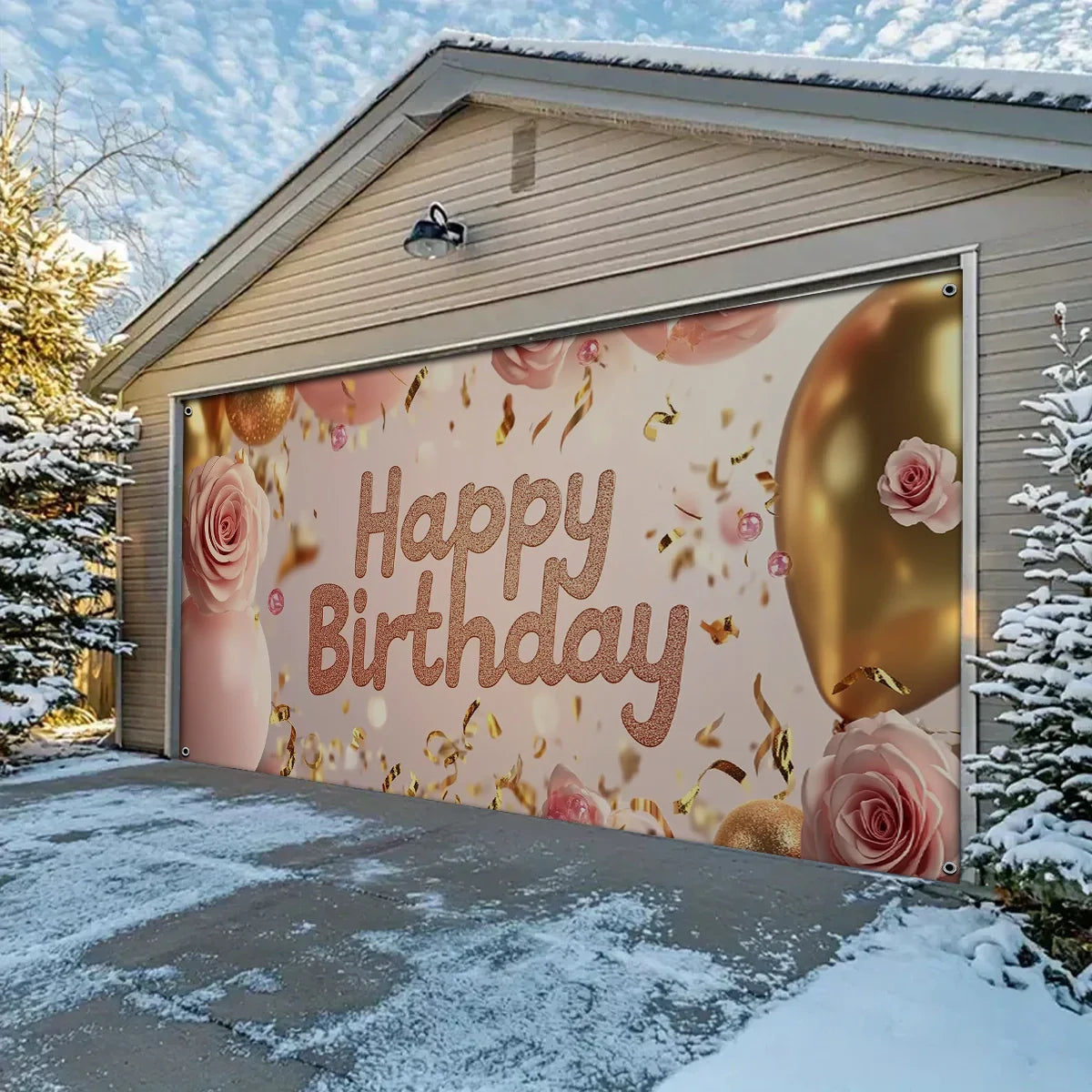 Shineful Garage Door Banner Decoration - Sparkling Celebration with Roses and Balloons