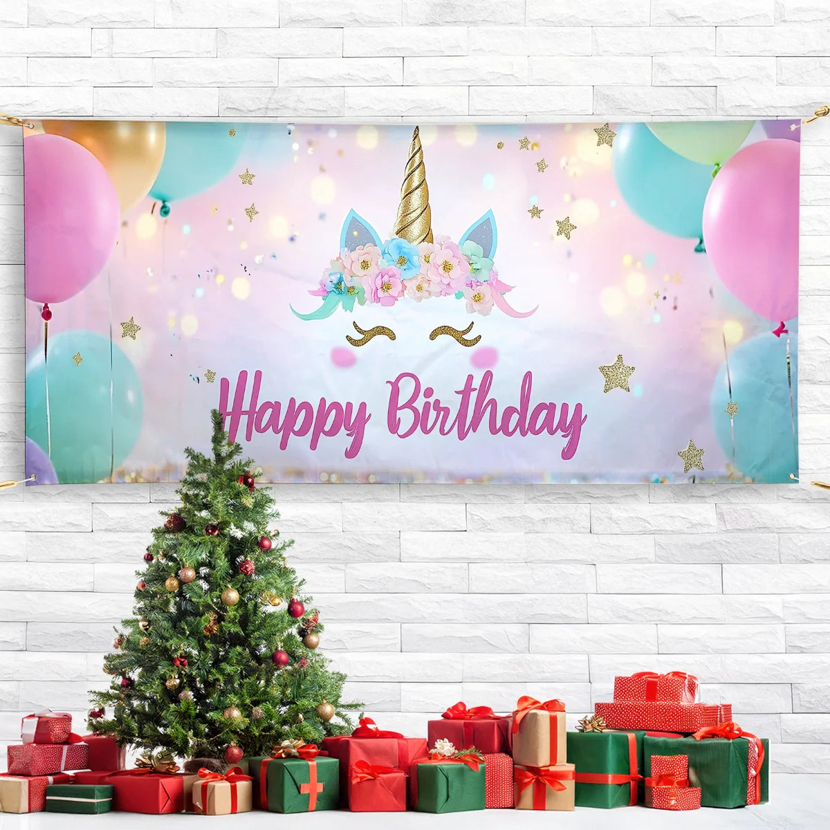 Shineful Garage Door Banner Decoration - Unicorn Dreams with Pastel Balloons and Sparkling Stars