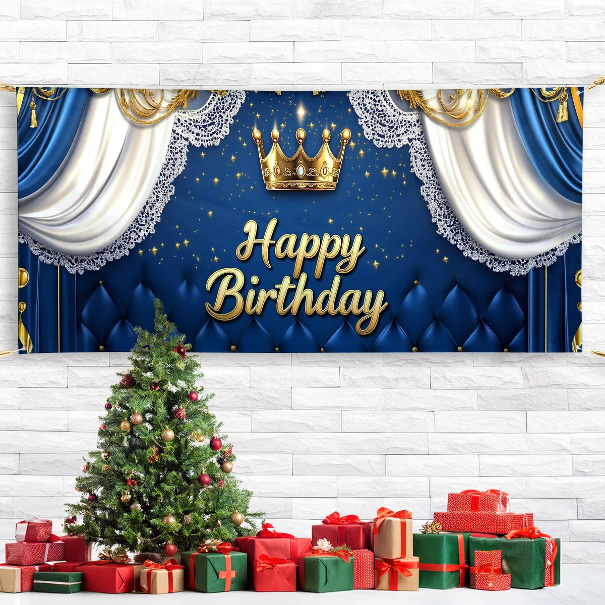 Shineful Garage Door Banner Decoration - Regal Elegance with Golden Crown and Blue Drapes