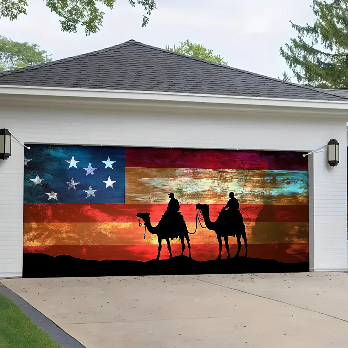 Shineful Garage Door Banner Decoration - Legacy of Courage Silhouetted Soldiers Beneath the Flag’s Colors