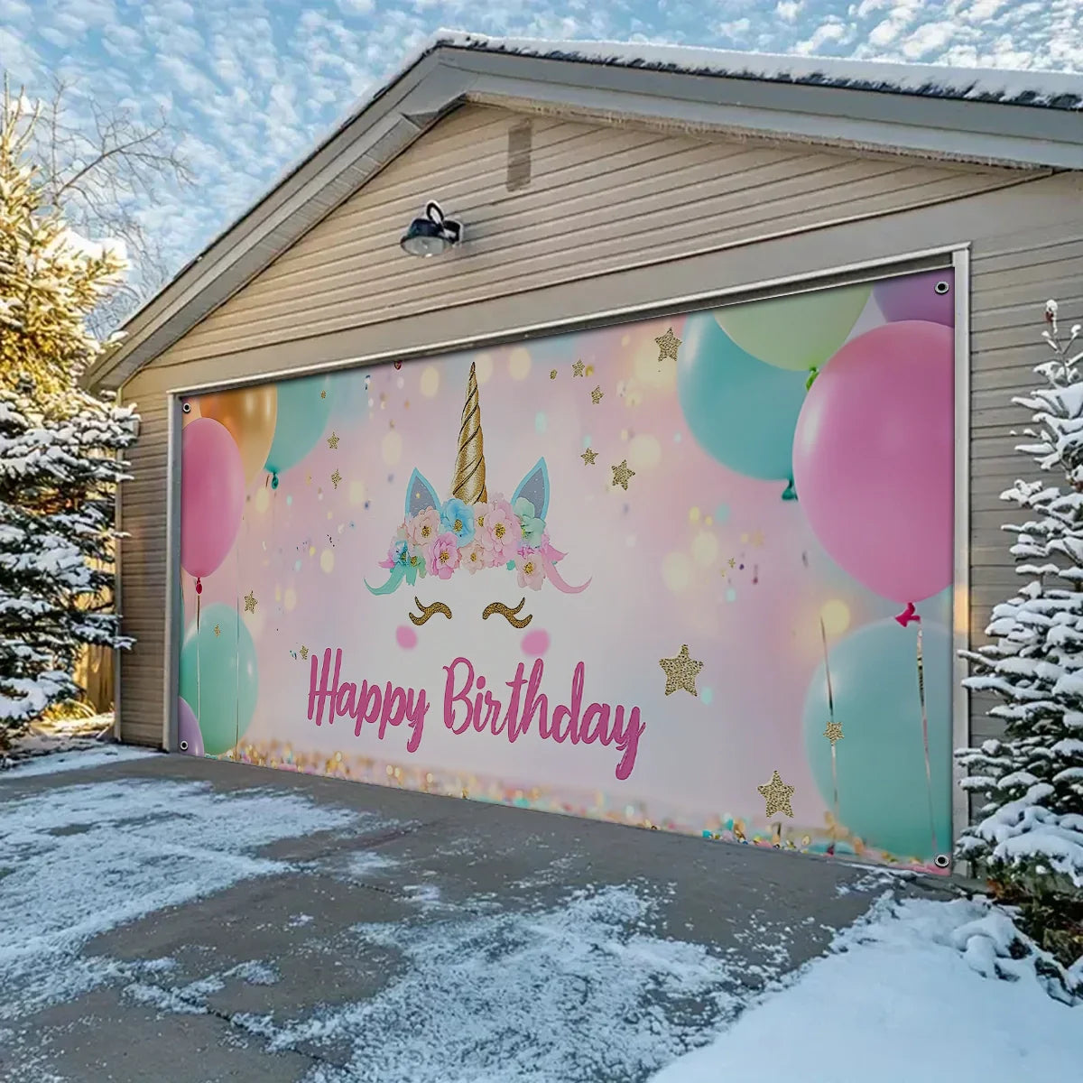 Shineful Garage Door Banner Decoration - Unicorn Dreams with Pastel Balloons and Sparkling Stars