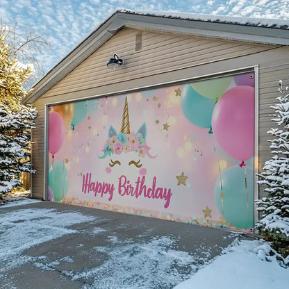 Shineful Garage Door Banner Decoration - Unicorn Dreams with Pastel Balloons and Sparkling Stars