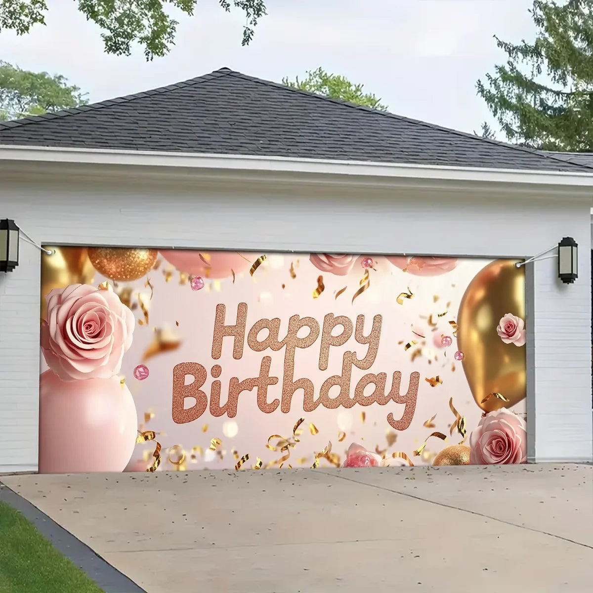 Shineful Garage Door Banner Decoration - Sparkling Celebration with Roses and Balloons