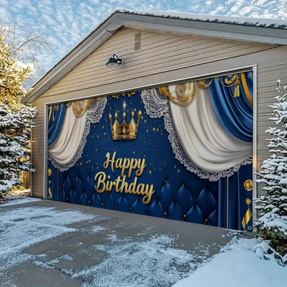 Shineful Garage Door Banner Decoration - Regal Elegance with Golden Crown and Blue Drapes