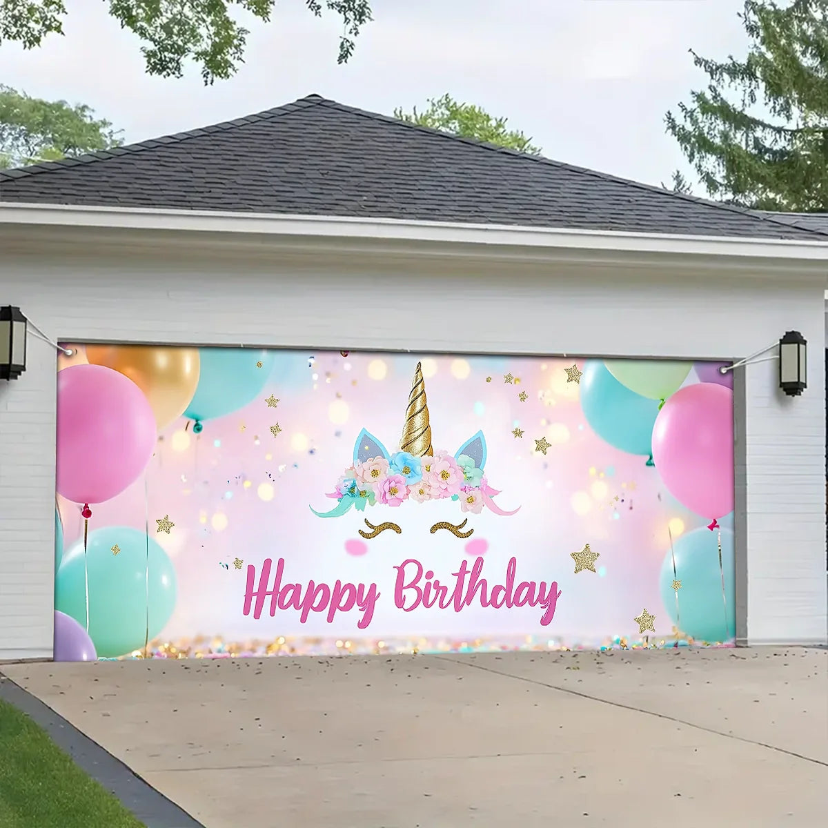 Shineful Garage Door Banner Decoration - Unicorn Dreams with Pastel Balloons and Sparkling Stars
