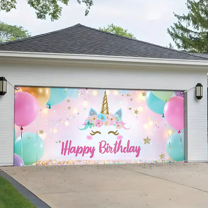 Shineful Garage Door Banner Decoration - Unicorn Dreams with Pastel Balloons and Sparkling Stars