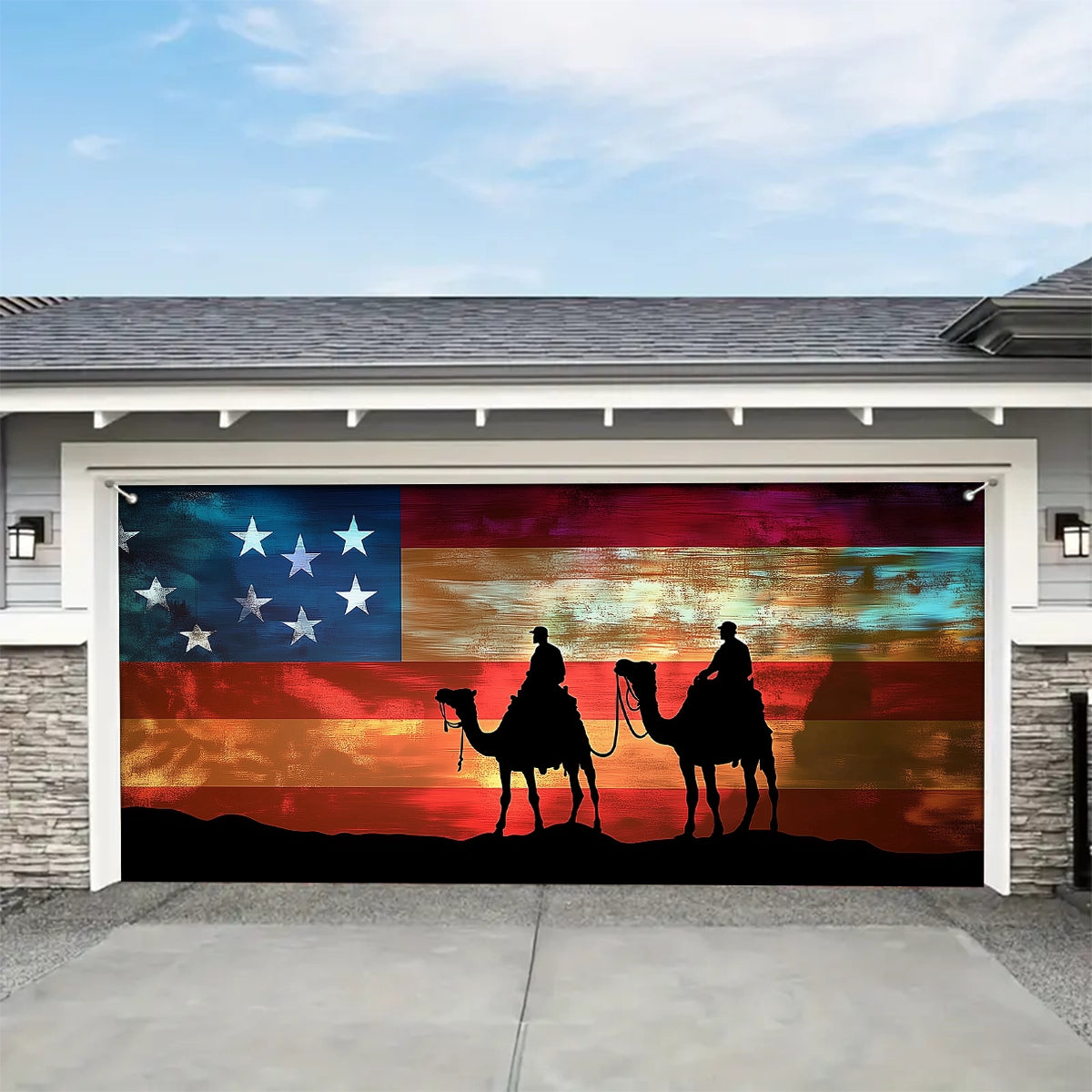 Shineful Garage Door Banner Decoration - Legacy of Courage Silhouetted Soldiers Beneath the Flag’s Colors