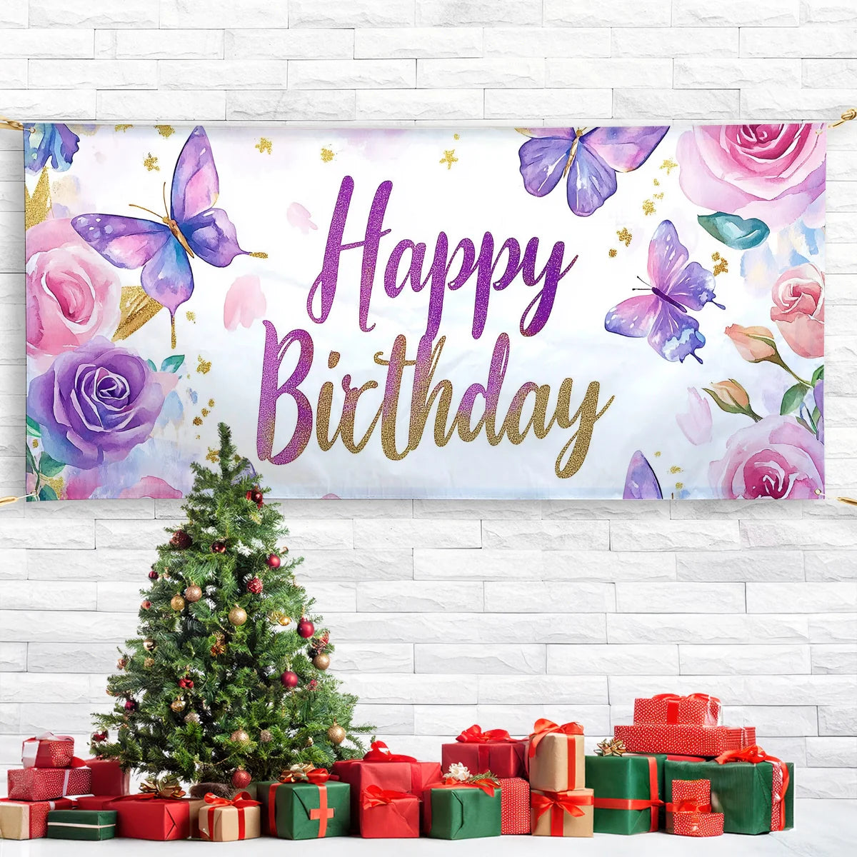 Shineful Garage Door Banner Decoration - Whimsical Floral Wishes with Butterflies and Glitter