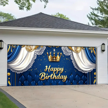 Shineful Garage Door Banner Decoration - Regal Elegance with Golden Crown and Blue Drapes